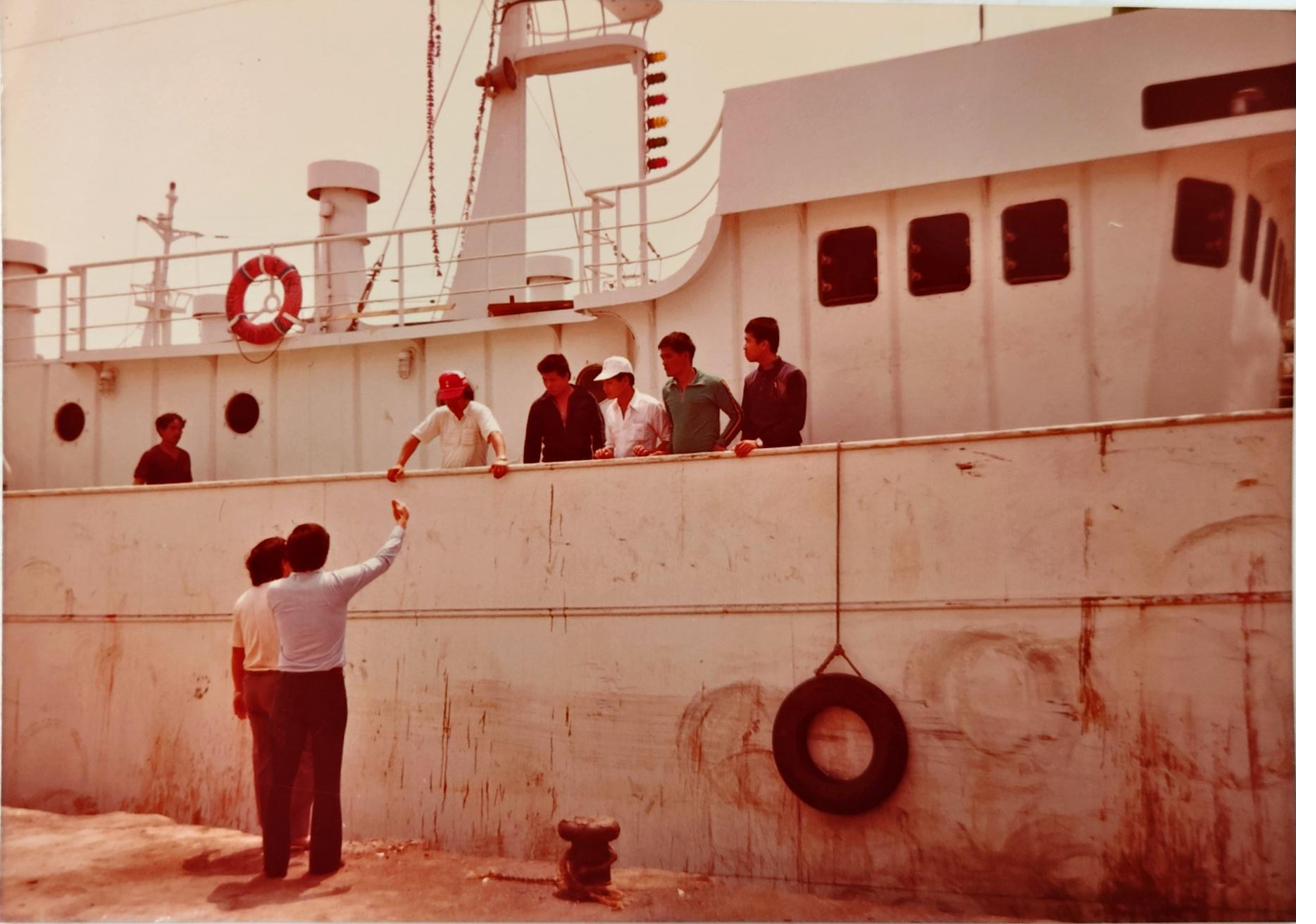 Crew on deck of a distant-water vessel returning to port, mid-1980s.